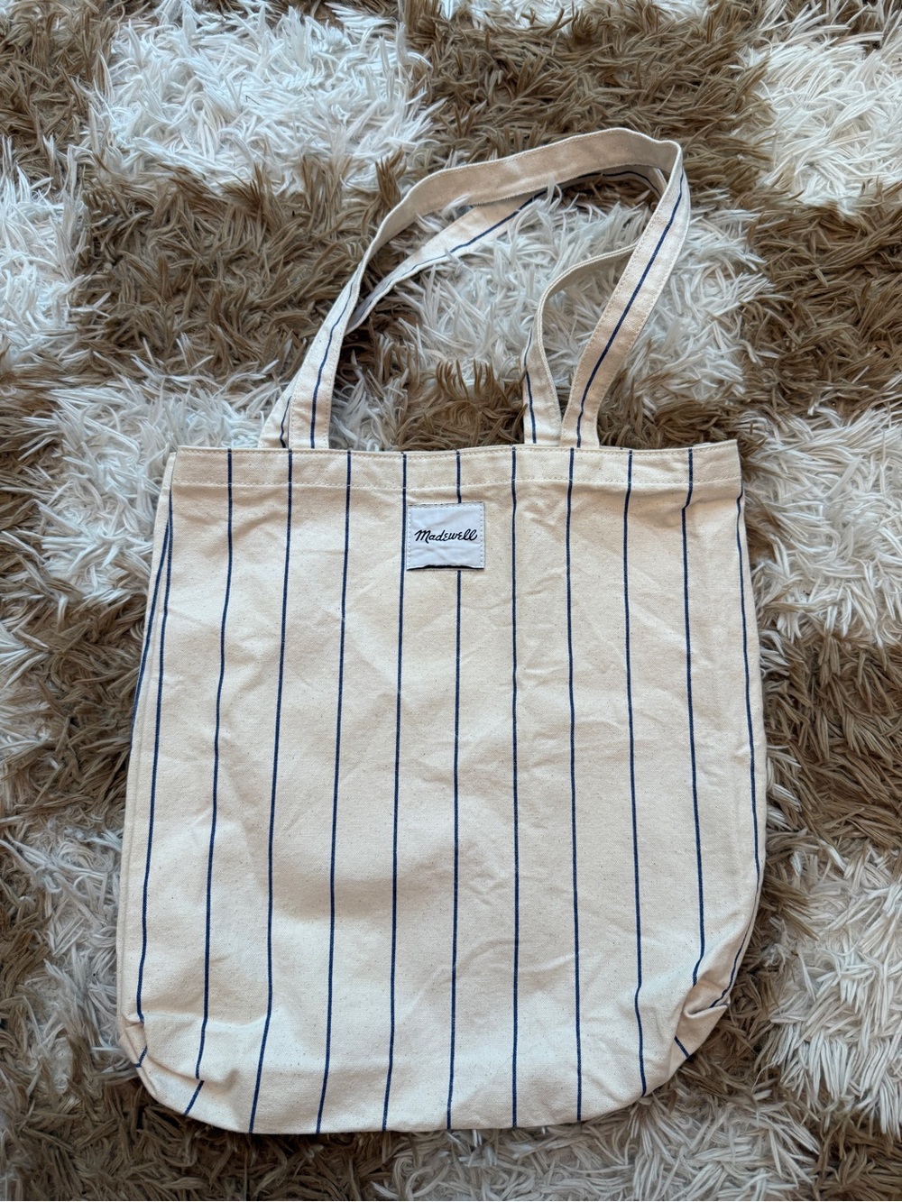 Madewell Cream Canvas Tote with Navy Pinstripes